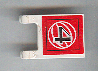 White LEGO Flag 2x2 with red sticker pattern featuring a black number 4 inside a white wire-frame circle, used in sets 3432/3433.