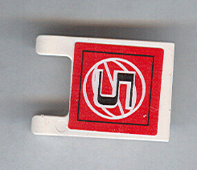 White LEGO 2x2 flag piece with a red sticker featuring a black number 5 and wire frame basketball logo.