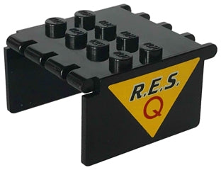 Black LEGO 2337pb01 Windscreen 4x4x2 Canopy Extender with 8 studs and yellow triangle R.E.S.Q. sticker.