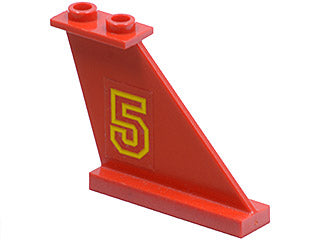 Red LEGO 4x1x3 right-side tail piece with a yellow number 5 sticker pattern.