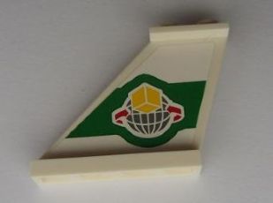 White LEGO airplane tail fin piece with green section and logo of a yellow box, arrows, and globe on left.