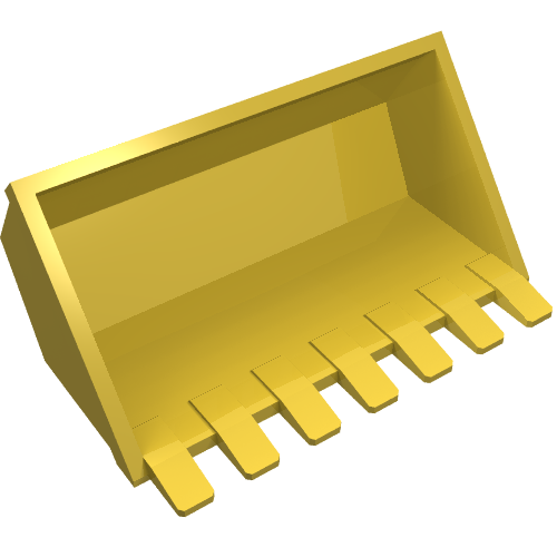 A yellow LEGO digger bucket with 7 teeth (part 2347), seen from an angle, on a white background.