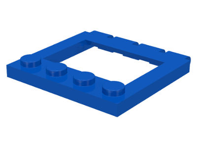 A blue LEGO Hinge Vehicle Roof 4 x 4 Sunroof, part 2349, with an open rectangular center and studs on one edge.