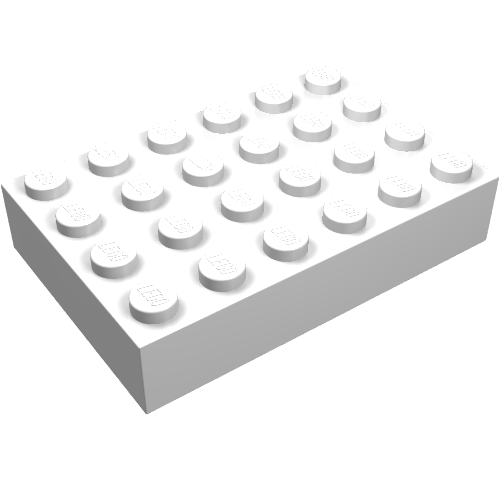 A single white LEGO 2356 - Brick 4 x 6, viewed from an angled perspective, showing the top surface with 24 studs.