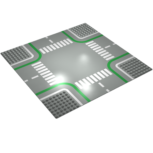 LEGO 32x32 road baseplate with a 7-stud crossroads pattern, featuring gray roads, white crosswalks, and green curbs.