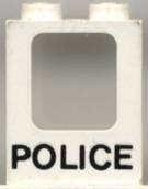 White LEGO 1x2x2 window panel with a square cutout and 'POLICE' text printed in black below.