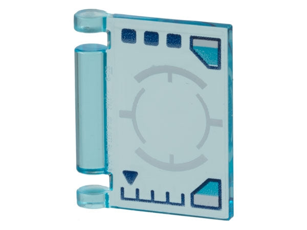Trans-light blue LEGO utensil book cover with spaceship control panel print, including dark blue gauges and white targeting circle.