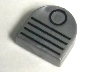 Gray LEGO 24246pb001 Tile, Round 1 x 1 Half Circle Extended, with black circle and four lines vent pattern.