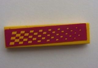 Yellow LEGO 1x4 tile with a magenta sticker featuring a yellow checkered pattern that transitions to smaller diamonds.