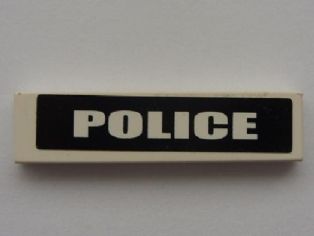 LEGO 1x4 white tile with 'POLICE' in white capital letters on a black background, part 2431pb0142.