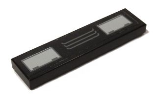 Black LEGO 1x4 tile with a printed gray grille and two rectangular patterns.