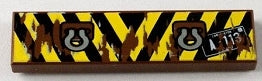 LEGO 2431pb0159 Tile 1x4 with black and yellow danger stripes, brown mud, silver tow rings, and 'A-113' license plate.