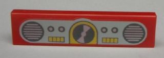 Red LEGO 1x4 tile with a light grey and yellow stereo system print featuring two speakers, a central CD/dial, and buttons.