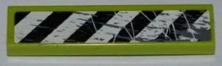 Lime green LEGO 1x4 tile with black and white danger stripes, scratches, and splatters pattern on top.