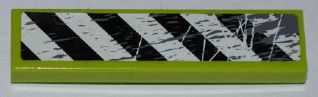 Lime green LEGO 1x4 tile featuring a black and white diagonal danger stripes pattern with visible scratches and splatters.