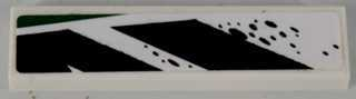 LEGO 2431pb0332L Tile 1x4 with green, black geometric pattern and black splatter on white background.