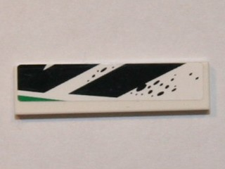 White LEGO 1x4 tile 2431pb0332R with black and green diagonal pattern (sticker), right side, from set 8864.