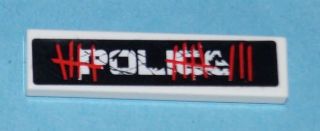 LEGO 1x4 tile with scratched 'POLICE' and red graffiti on a black background pattern from set 5972.