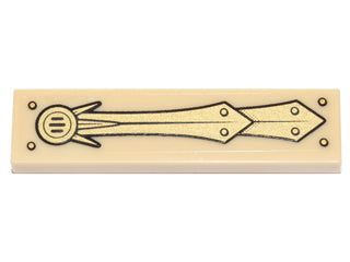 A tan LEGO 1x4 tile with a gold pattern of a stylized sword featuring a circular hilt and pointed, riveted panels.