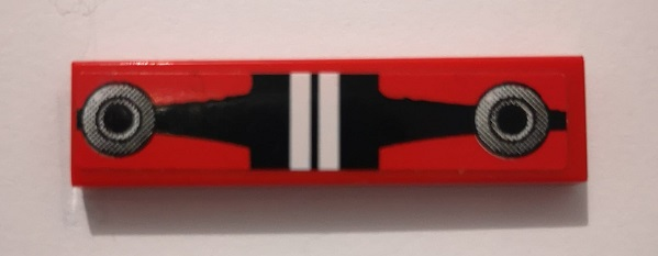 Red LEGO 1x4 tile with a black pattern, featuring two central white stripes and silver circular designs on each end.