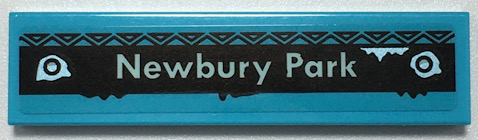 LEGO 2431pb0713 - Tile 1 x 4 with Light Aqua 'Newbury Park' and Metallic Light Blue Rivets on Black Rectangle with Triangles Border Pattern (Sticker) - Set 70427