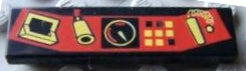 LEGO 2431px1 Tile 1x4 with red control panel pattern, featuring a gauge, yellow buttons, laptop, flashlight, and an exclamation mark.