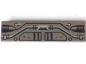 LEGO 2431px2 - Gray 1x4 tile with a symmetrical black, copper, and silver circuitry pattern, resembling a control panel.