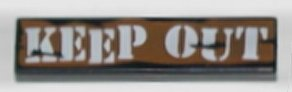LEGO 2431px5 1x4 tile with white 'KEEP OUT' text on a brown background, featuring a camouflage pattern.