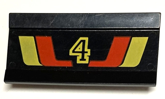 Black LEGO Vehicle Spoiler 6x3 with hinge, featuring red and yellow stripes and a yellow outlined number 4 graphic.