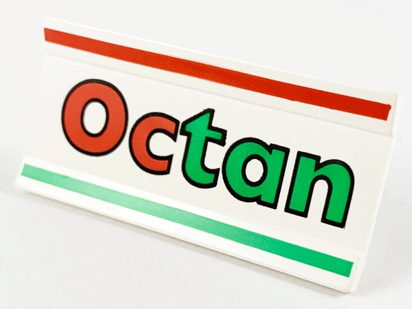 LEGO 2440pb005 Vehicle Spoiler/Plow Blade 6x3, white with red and green 'Octan' pattern and stripes.
