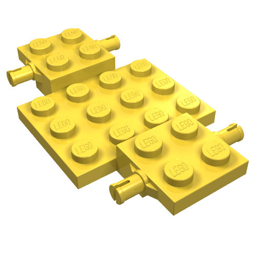 Three yellow LEGO 2441 vehicle bases, each with studs on top and Technic pins extending from the sides.