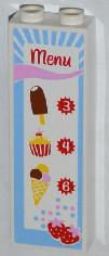 White LEGO 1x2x5 brick with 'Menu' sticker featuring ice cream bar, cupcake, ice cream cone, prices 3, 4, 6, and strawberries.