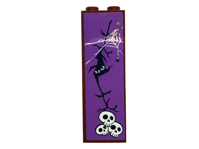 Brown LEGO 1x2x5 brick with purple sticker: black branches, green-eyed creature, silver spiderweb, spider, and white skulls.