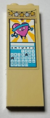 Tan LEGO 1x2x5 brick with sticker showing a pink heart lifting weights, a blue headband, and a calendar.