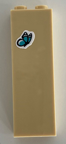 Tan LEGO Brick 1 x 2 x 5 with a Dark Azure butterfly sticker on its side.