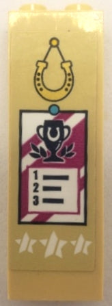 LEGO 1x2x5 brick with gold hanging horseshoe, magenta results poster featuring a black trophy and 1-2-3 list, and white stars.