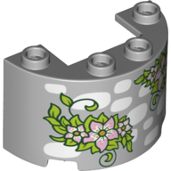 Grey LEGO 2x4x2 cylinder half with 1x2 cutout, featuring a pattern of white stones, lime leaves, and bright pink flowers.