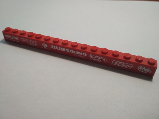 Red LEGO 1x16 brick with 'SPARK PLUX', 'TURBO load', 'SUBSOUND Limiter', 'Super Fast', 'ENgyne', 'SPHERE' patterns.