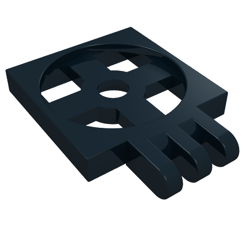 Dark grey LEGO 2x2 turntable plate with a hinge and three fingers, featuring a cross pattern and central hole.