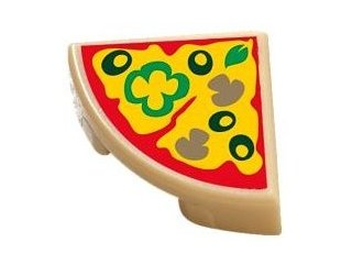 LEGO 25269pb003 quarter round 1x1 tile with pizza slice pattern, featuring green peppers, mushrooms, and black olives.