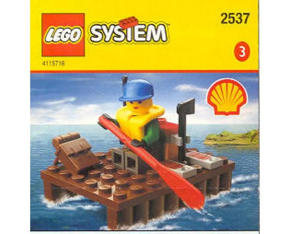 LEGO set 2537 Extreme Team Raft showing a minifigure in a blue helmet and yellow life vest paddling a brown raft on water.