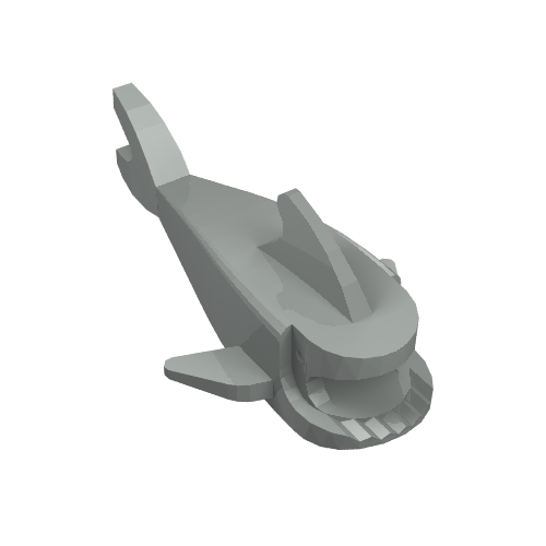 Grey LEGO Shark Body (2547) piece with fins, tail, and open mouth showing teeth.