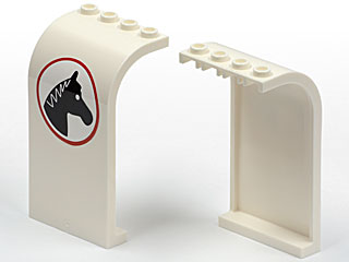 Two cream LEGO 3x4x6 curved panels, one with a black horse head sticker in a red-bordered white circle.
