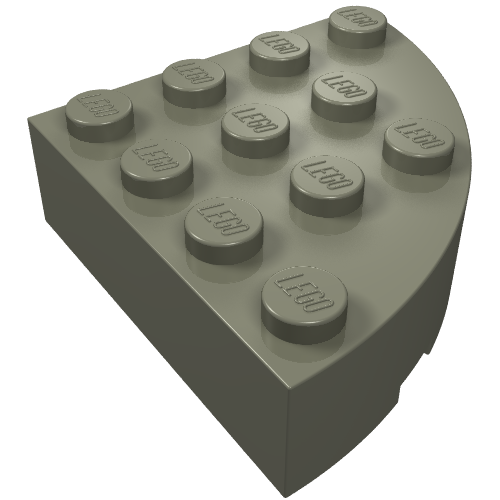 A dark gray LEGO 2577 Round Corner 4 x 4 Full Brick with twelve studs on its curved top surface.