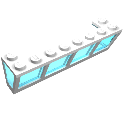 White LEGO 2x8x2 boat window brick with fixed trans-light blue glass, showing studs on top.