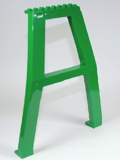 A single green LEGO 2635b Support Crane Stand Double part, shaped like an 'A' with no studs on its cross-brace.