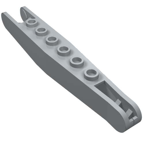 Light gray LEGO Technic beam, tapered, with six top axle holes, a forked end, and a rounded slot.