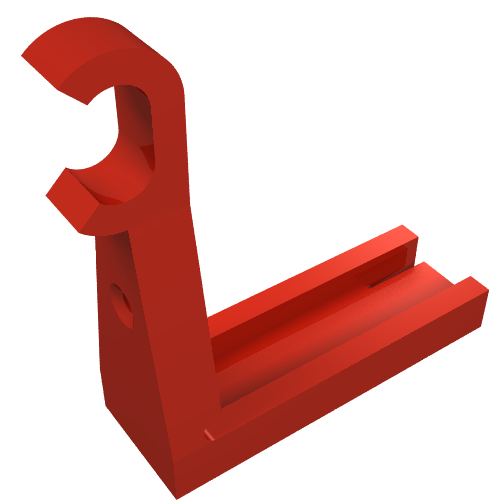 A red LEGO 2651 Hook Slider, Arm part. It features a curved hook, a vertical support, and a horizontal base with two rails.