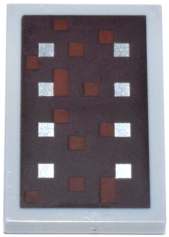 LEGO 26603pb008 Tile 2x3 with reddish brown and silver squares on dark brown, Minecraft shield pattern.