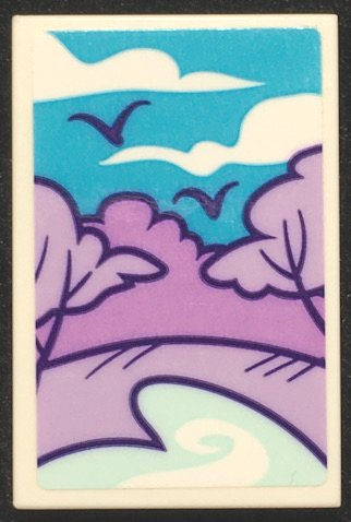 LEGO 2x3 tile, landscape painting with blue sky, white clouds, purple trees, light blue ground, and two birds.
